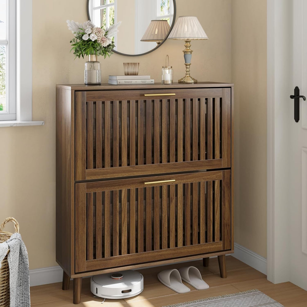 Shoe Storage Cabinet with 2 Flip Slatted Drawers
