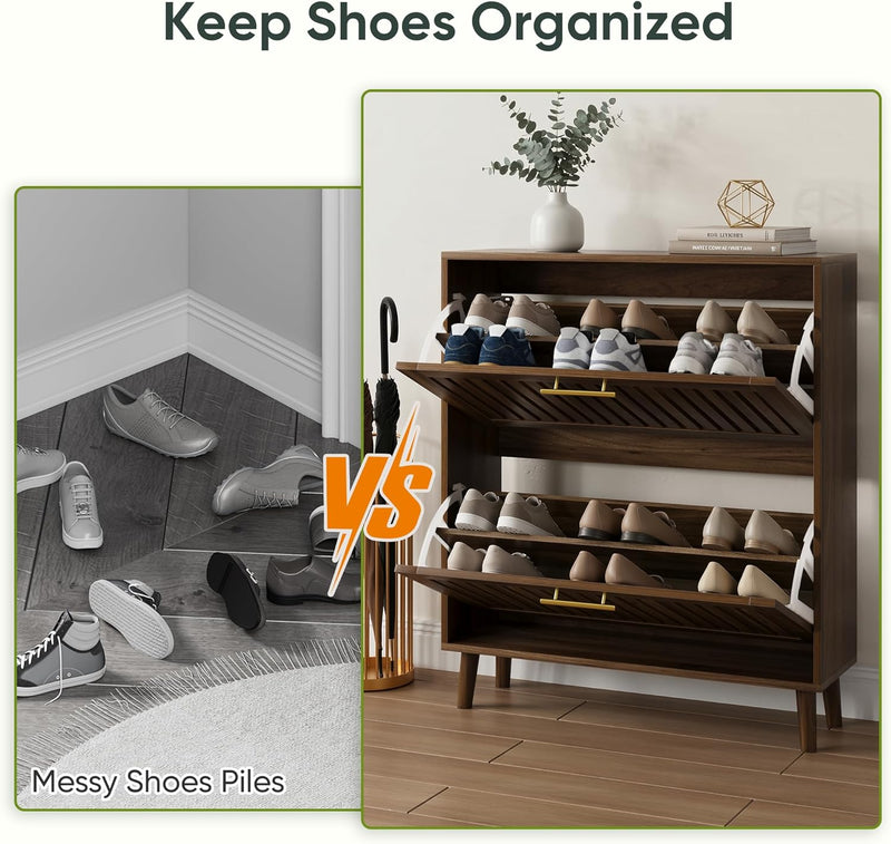 Shoe Storage Cabinet with 2 Flip Slatted Drawers