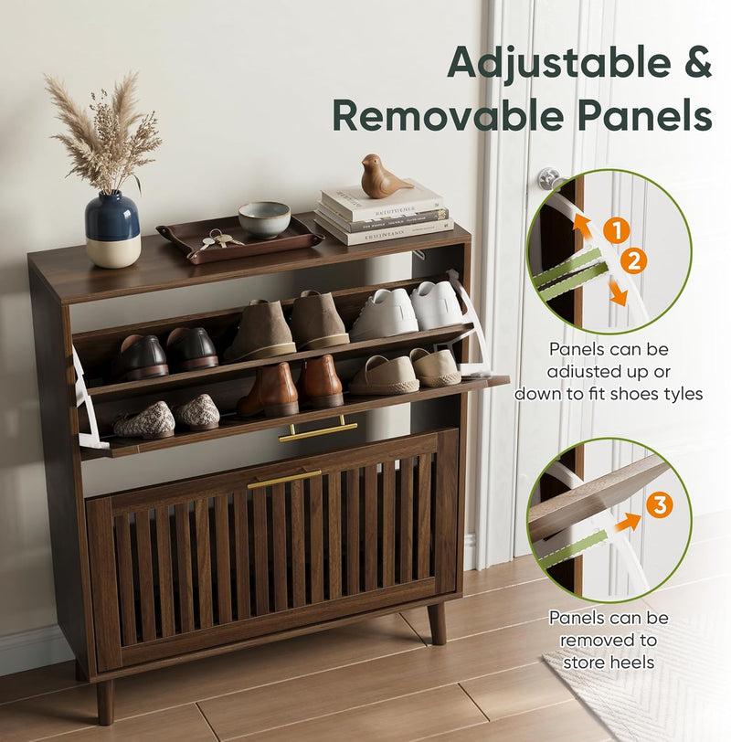 Shoe Storage Cabinet with 2 Flip Slatted Drawers