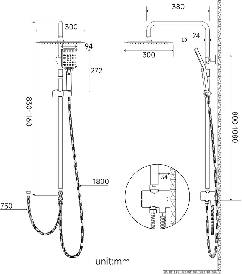 Shower Riser Rail Kit 10" Round Overhead Chrome