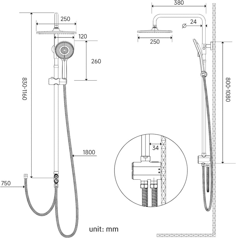 Shower Riser Rail Kit 10" Round Overhead Chrome