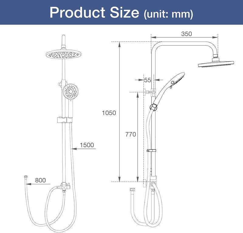 Shower Riser Rail Kit Rainfall for Bathroom Chrome