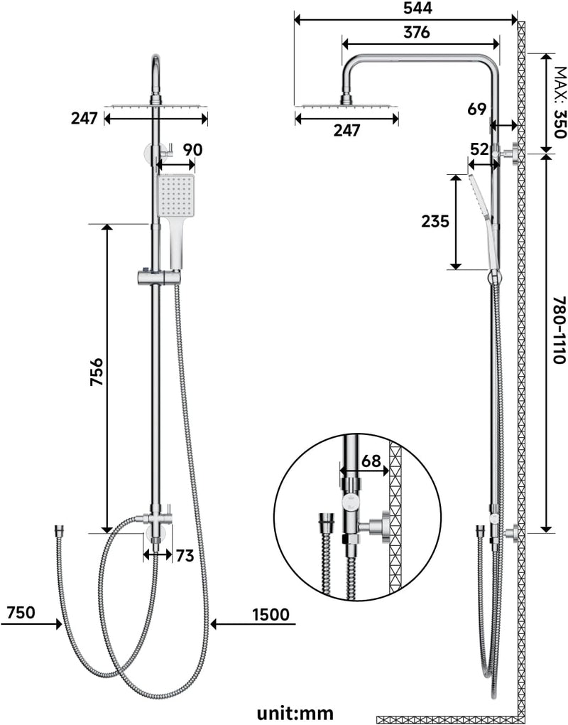 Shower Riser Rail Kit Square Overhead