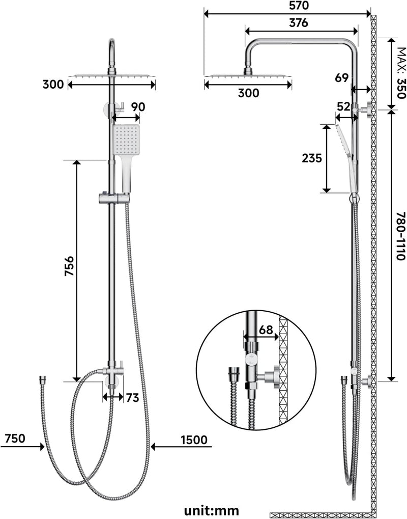 Shower Riser Rail Kit Square Overhead