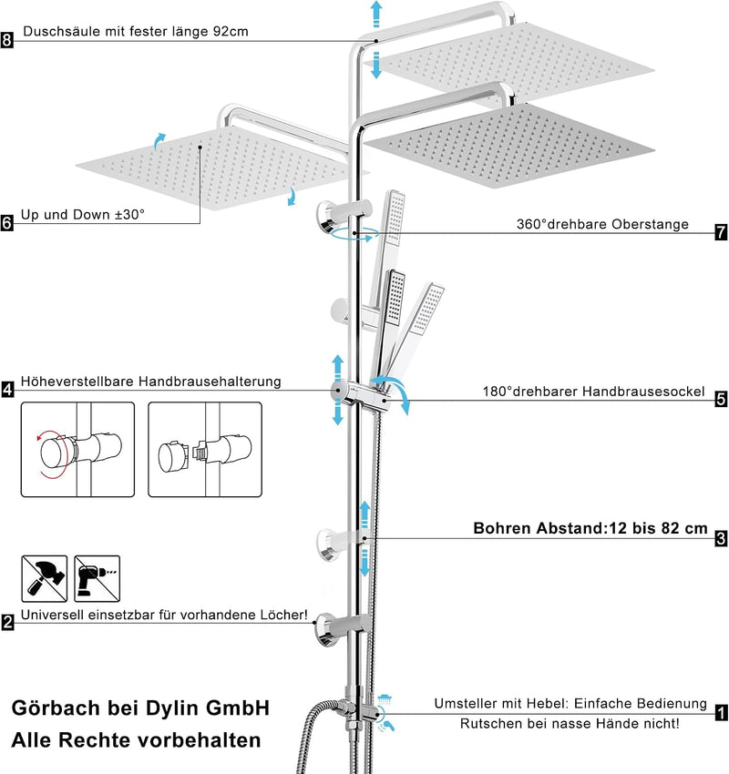 Shower Riser Rail with Height Adjustable 304 Sus