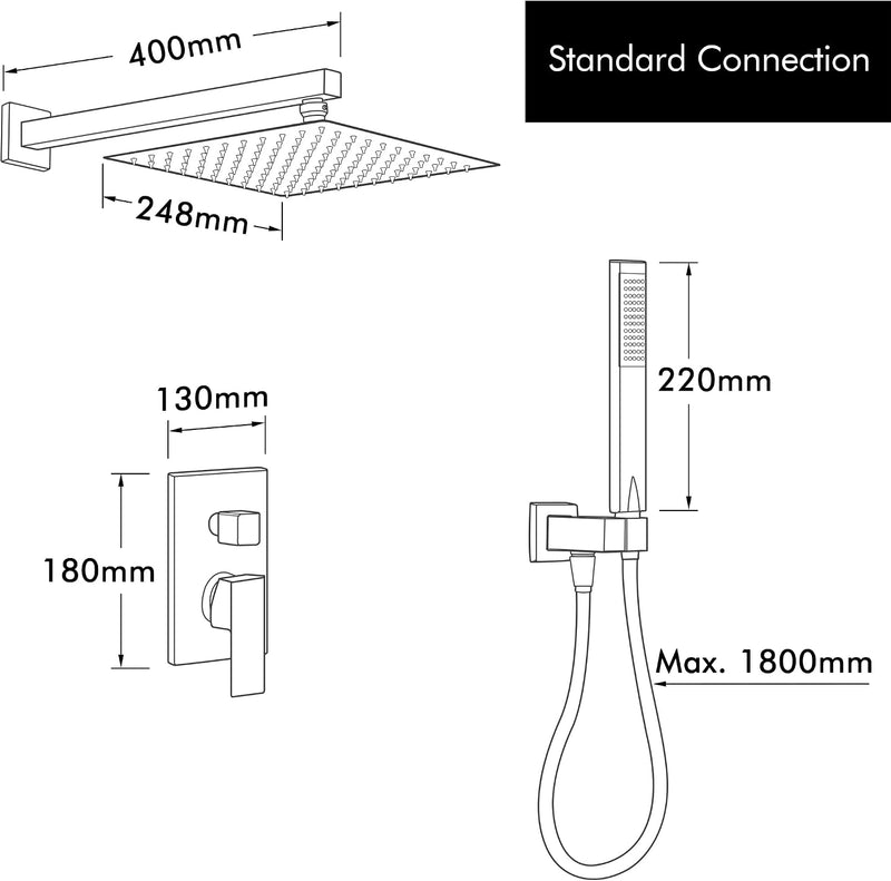 Shower System 10-Inch Concealed Set 3-Modes Square Rainfall
