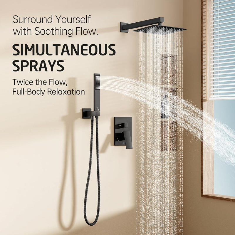 Shower System 10-Inch Concealed Set 3-Modes Square Rainfall