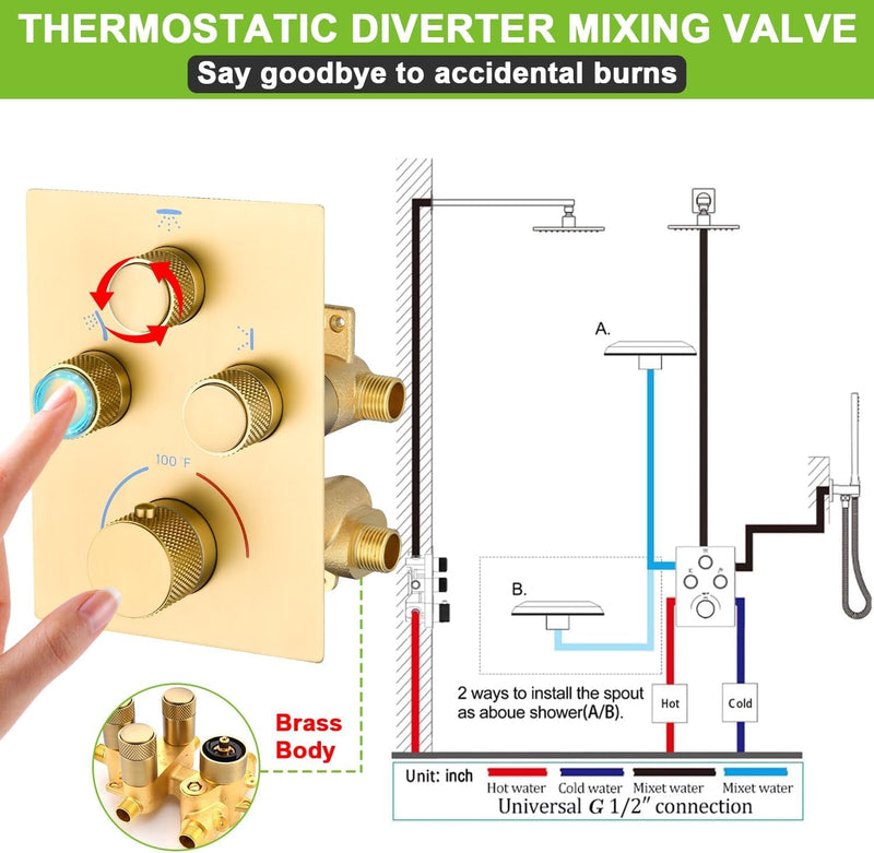 Shower System with Tub Spout Push-Button Valve Kit