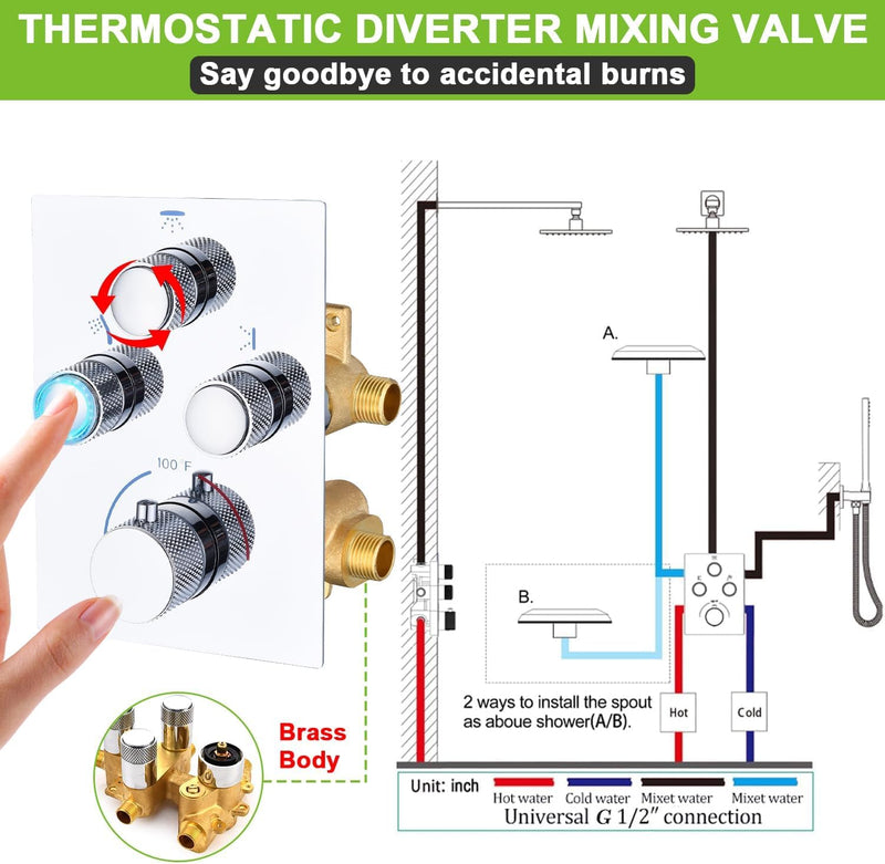 Shower System with Tub Spout Push-Button Valve Kit