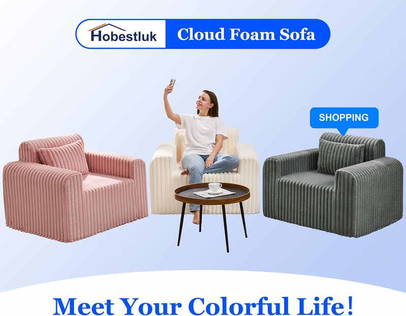 Single Foam Sofa with Pillows Comfy Furry Couch