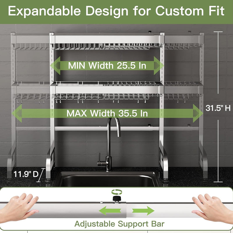 Adjustable Over Sink Dish Drainer Rack Stainless Steel