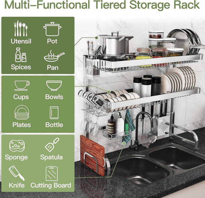 Adjustable Over Sink Dish Drainer Rack Stainless Steel