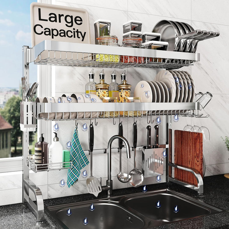Adjustable Over Sink Dish Drainer Rack Stainless Steel
