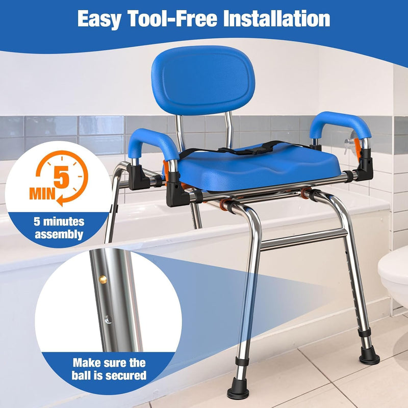 Sliding Shower Chair Swivel Seat 204KG Adjustable Tub