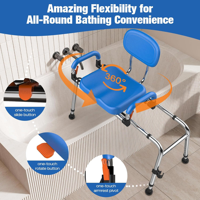 Sliding Shower Chair Swivel Seat 204KG Adjustable Tub