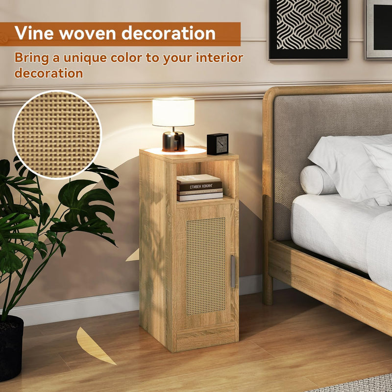 Slim Bedside Table Rattan Nightstand Natural (Set of 2)