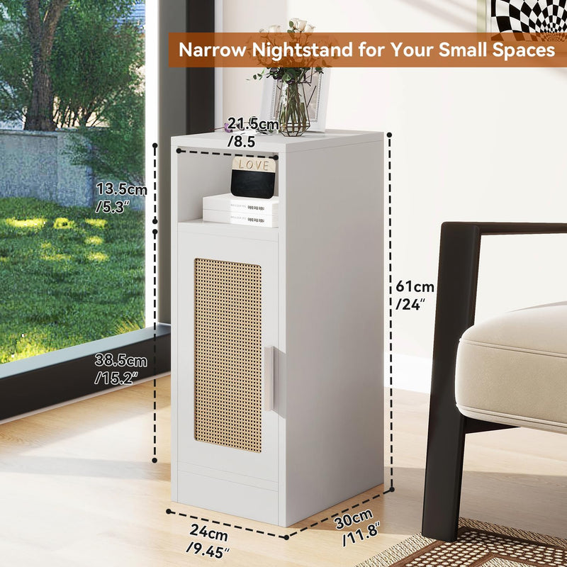 Slim Bedside Table Rattan Nightstand Natural Wood Cabinet (Set of 2)