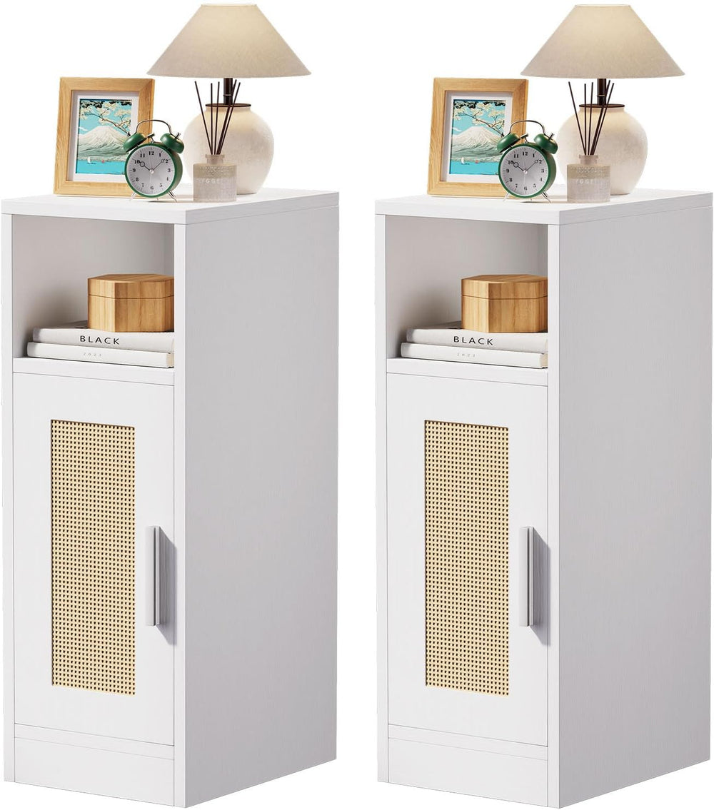 Slim Bedside Table Rattan Nightstand Natural Wood Cabinet (Set of 2)