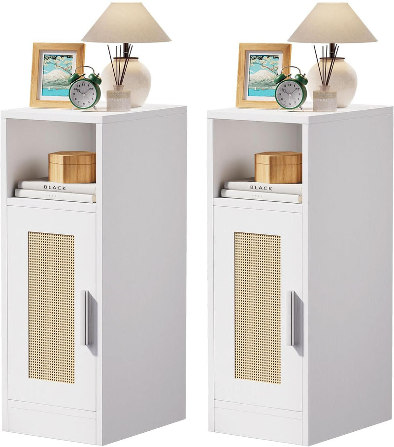 Slim Bedside Table Rattan Nightstand Natural Wood Cabinet (Set of 2)