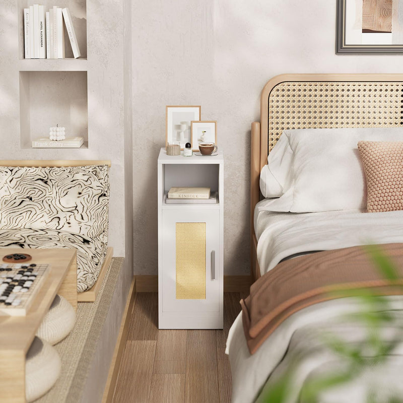 Slim Bedside Table Rattan Nightstand Natural Wood Cabinet (Set of 2)