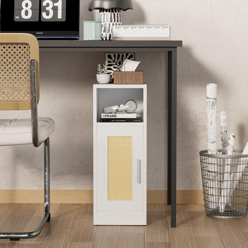 Slim Bedside Table Rattan Nightstand Natural Wood Cabinet (Set of 2)