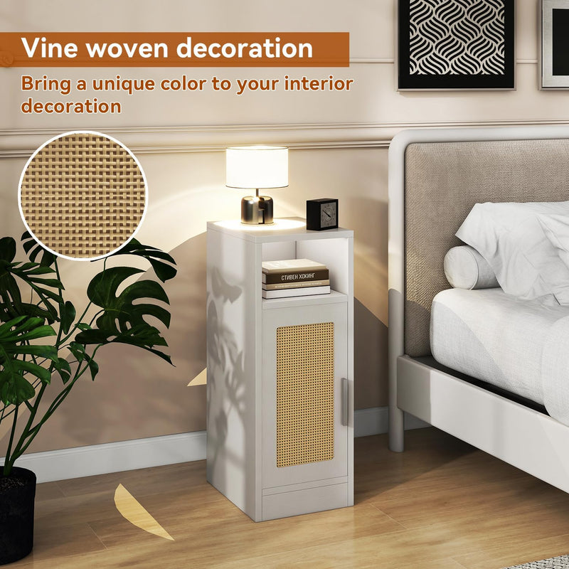 Slim Bedside Table Rattan Nightstand Natural Wood Cabinet (Set of 2)
