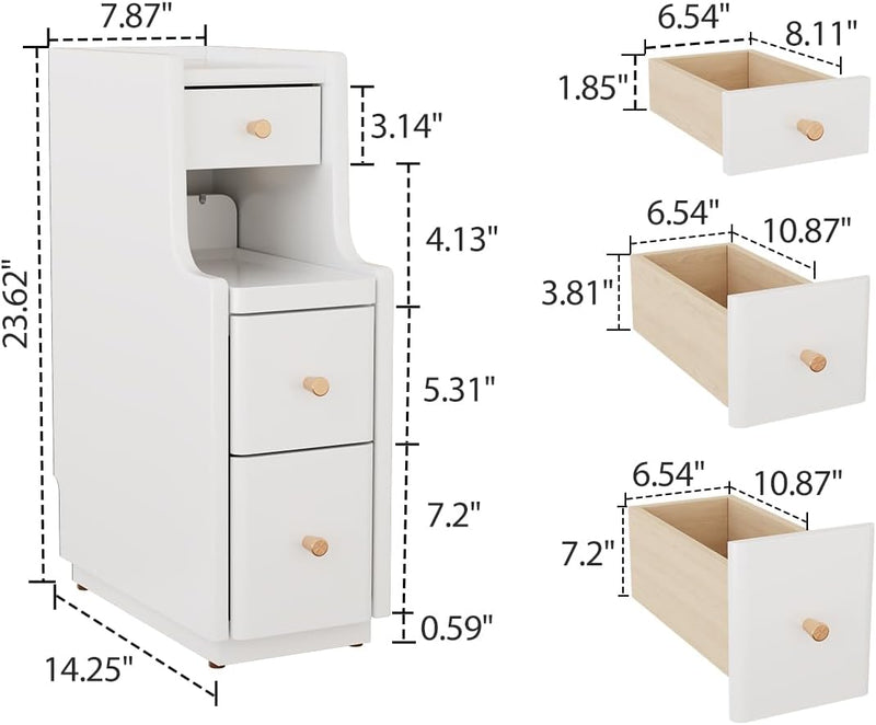 Slim Bedside Table with 3 Drawers and Shelf