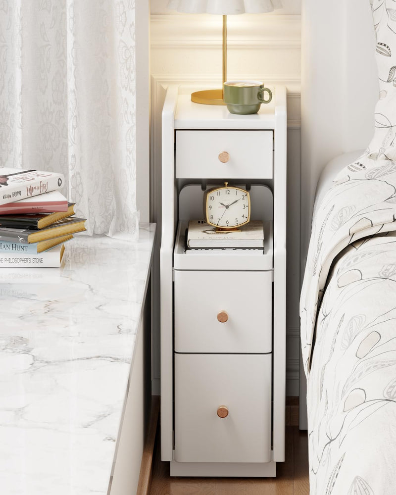 Slim Bedside Table with 3 Drawers and Shelf