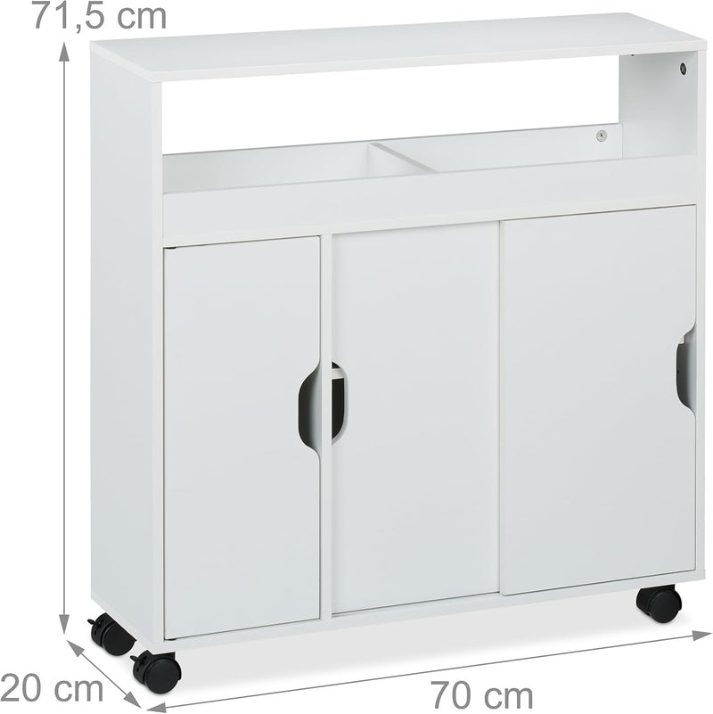 Slim Rolling Cabinet 3 Compartments 2 Shelves 71x70x20