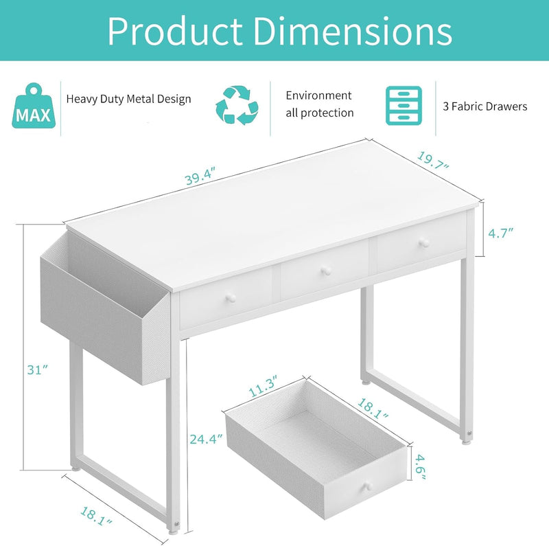 Small Computer Desk 100CM with Fabric Drawers