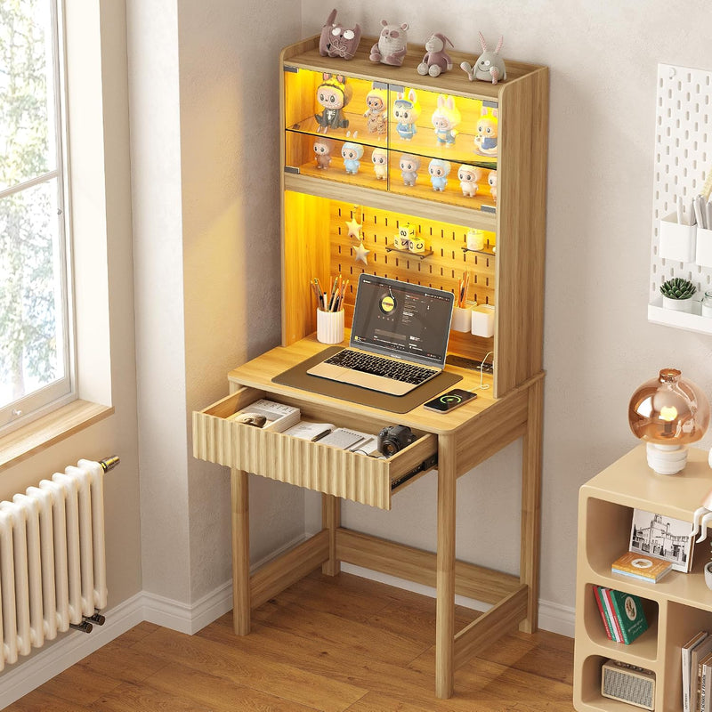 Small Computer Desk with Socket and Sliding Lamp