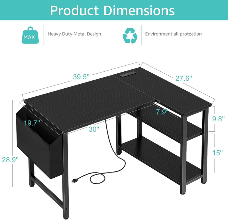 Small L Shaped Desk with Power Outlet Shelves