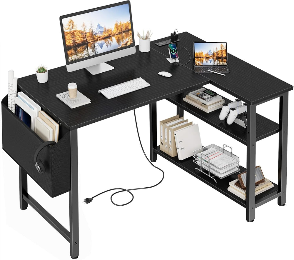 Small L Shaped Desk with Power Outlet Shelves