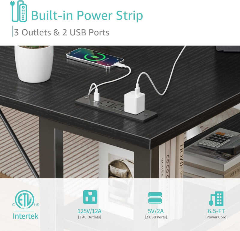 Small L Shaped Desk with Power Outlet Shelves