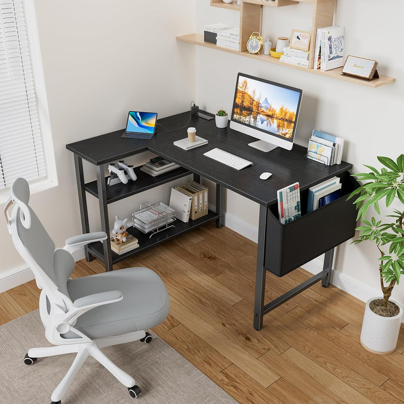 Small L Shaped Desk with Power Outlet Shelves