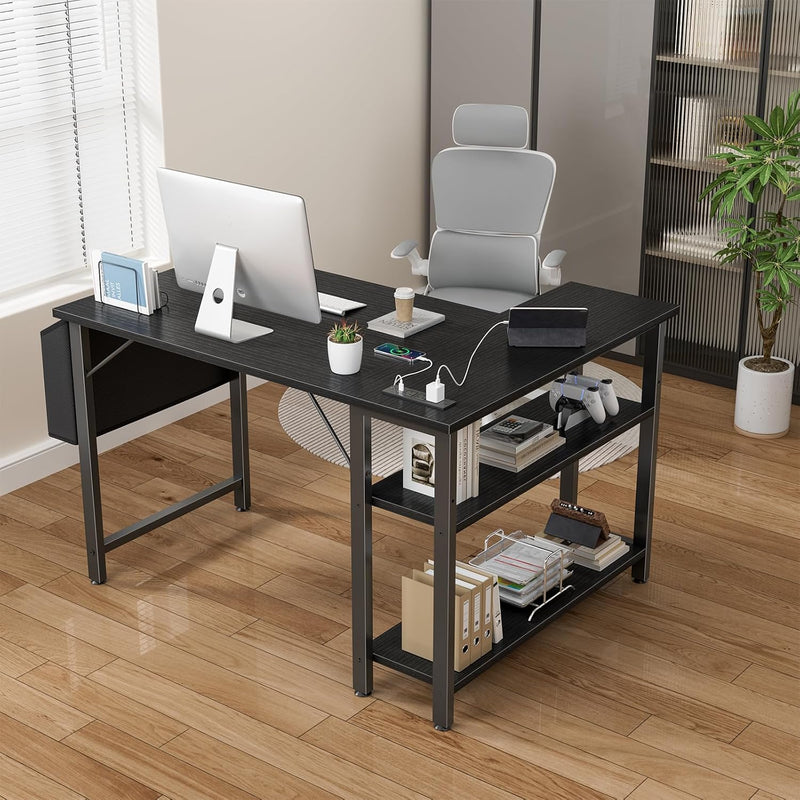 Small L Shaped Desk with Power Outlet Shelves