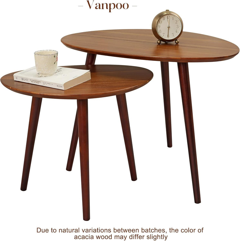 Small Oval Coffee Tables Set Acacia Wood Nesting