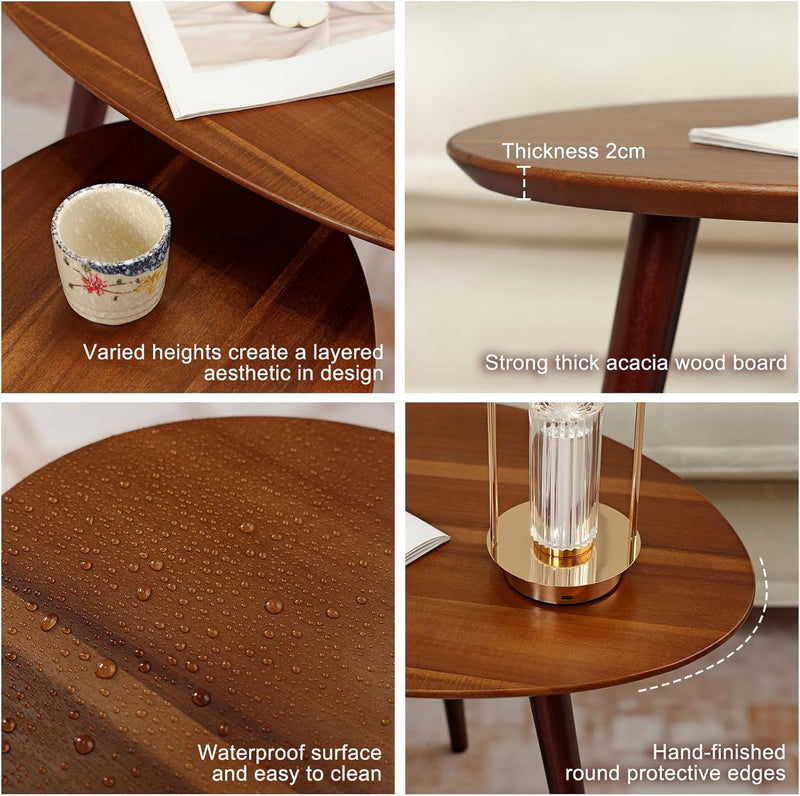 Small Oval Coffee Tables Set Acacia Wood Nesting