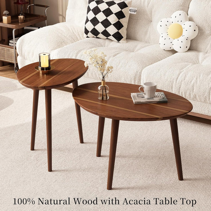 Small Oval Coffee Tables Set Acacia Wood Nesting