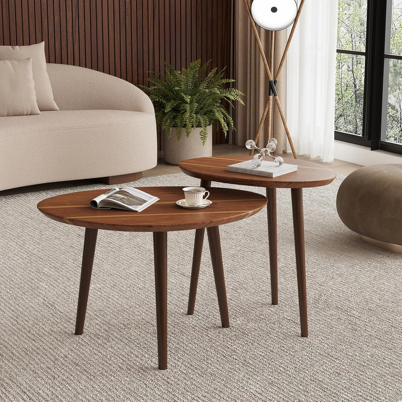 Small Oval Coffee Tables Set Acacia Wood Nesting