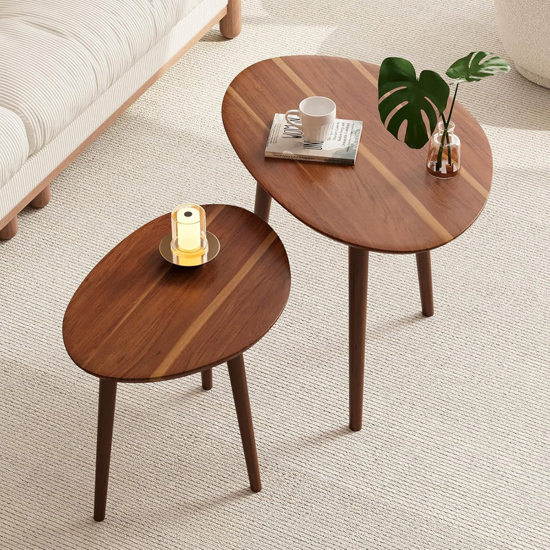 Small Oval Coffee Tables Set Acacia Wood Nesting