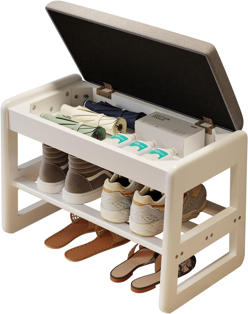 Small Shoe Bench with Cushion Storage Seat Wooden