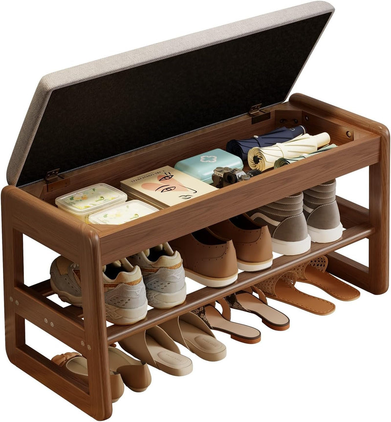 Small Shoe Bench with Cushion Storage Seat Wooden