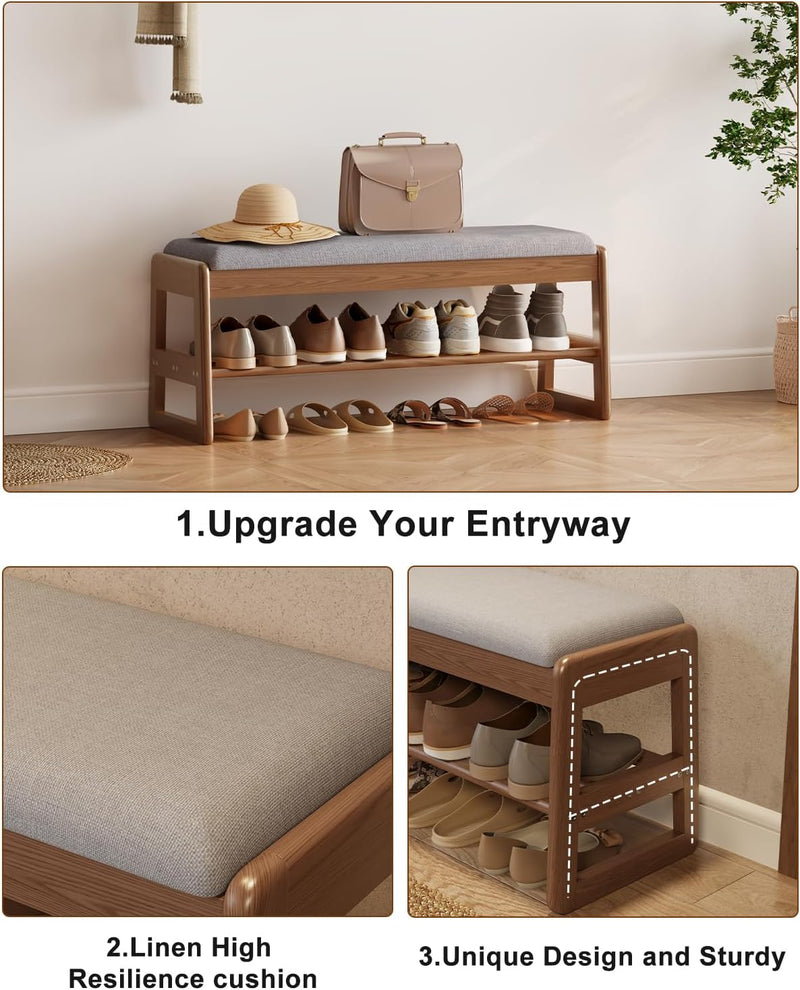 Small Shoe Bench with Cushion Storage Seat Wooden