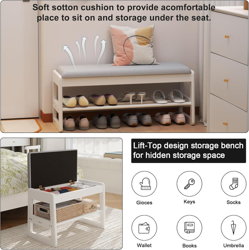 Small Shoe Bench with Cushion Storage Seat Wooden