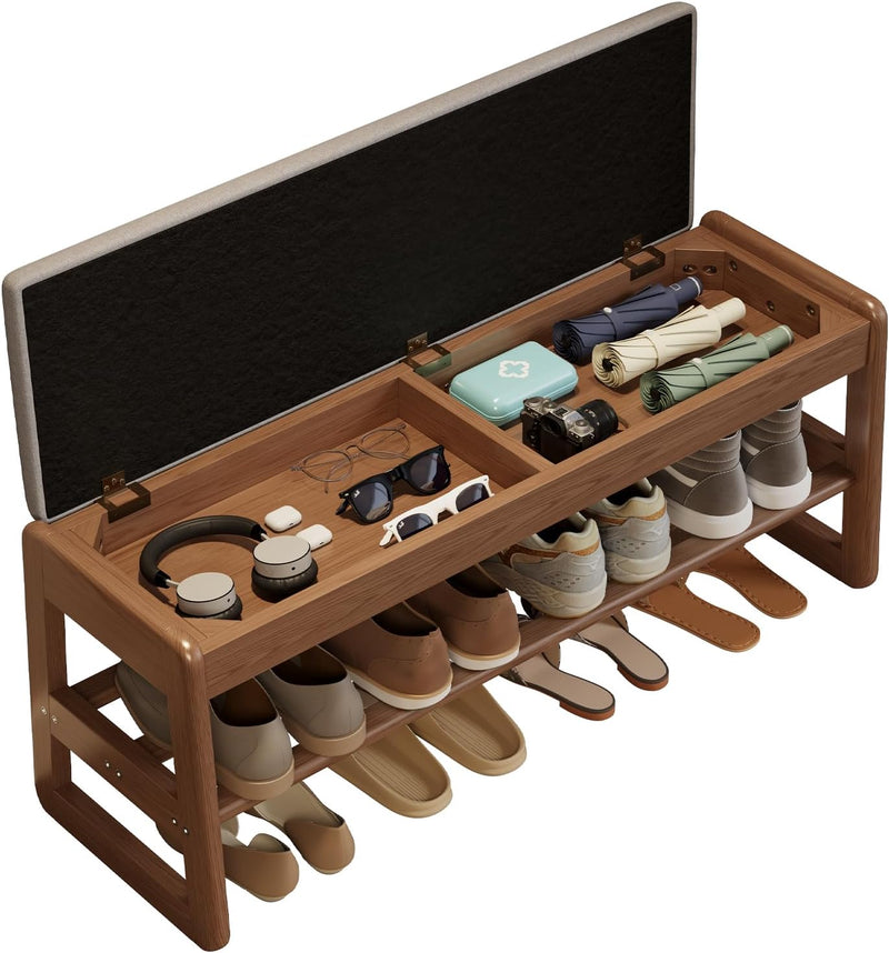 Small Shoe Bench with Cushion Storage Seat Wooden