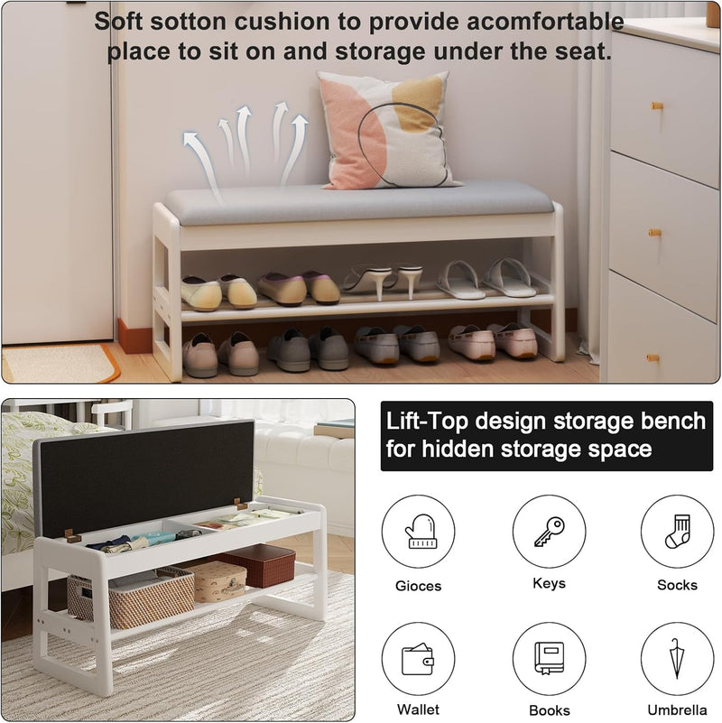 Small Shoe Bench with Cushion Storage Seat Wooden