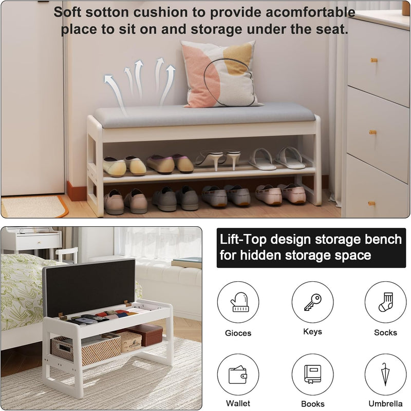 Small Shoe Bench with Cushion Storage Seat Wooden