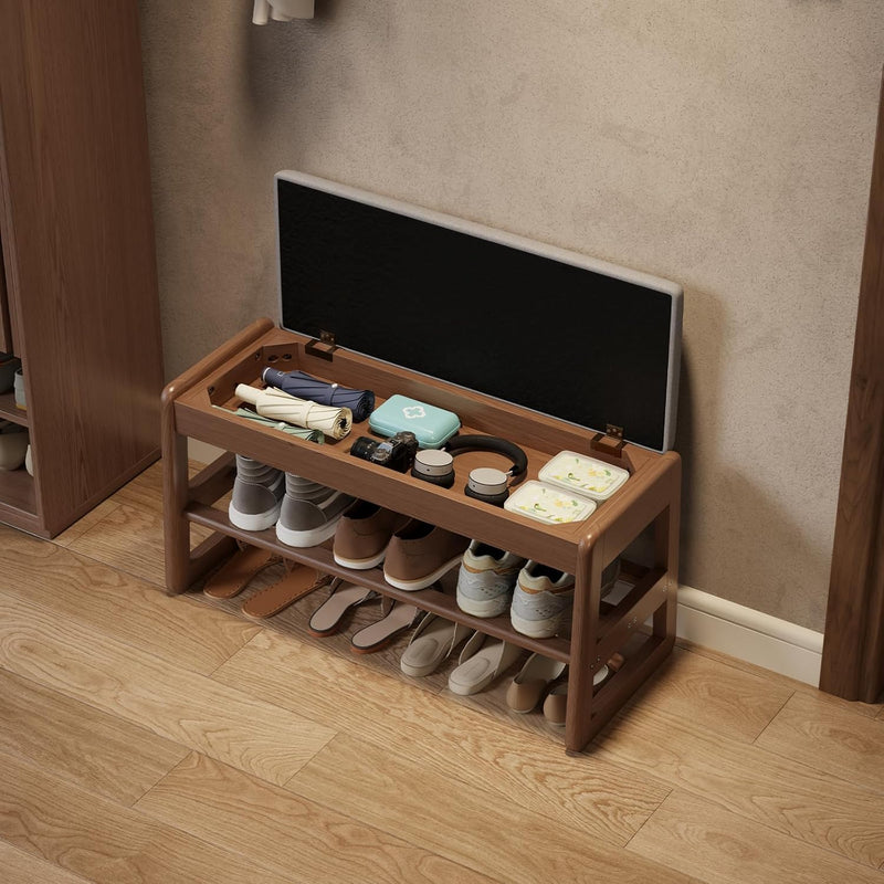 Small Shoe Bench with Cushion Storage Seat Wooden