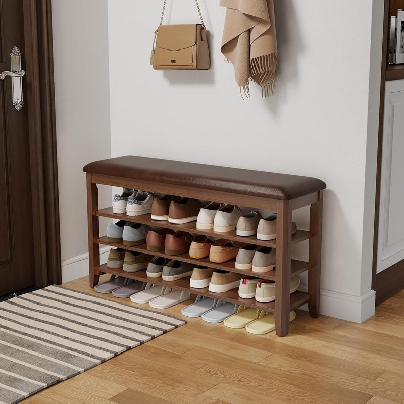 Small Shoe Bench with Cushion Storage Seat Wooden